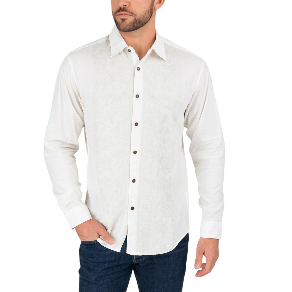 Tommy Bahama Floral Ecru White Embroidered Silk Blend Long Sleeve Button Shirt L